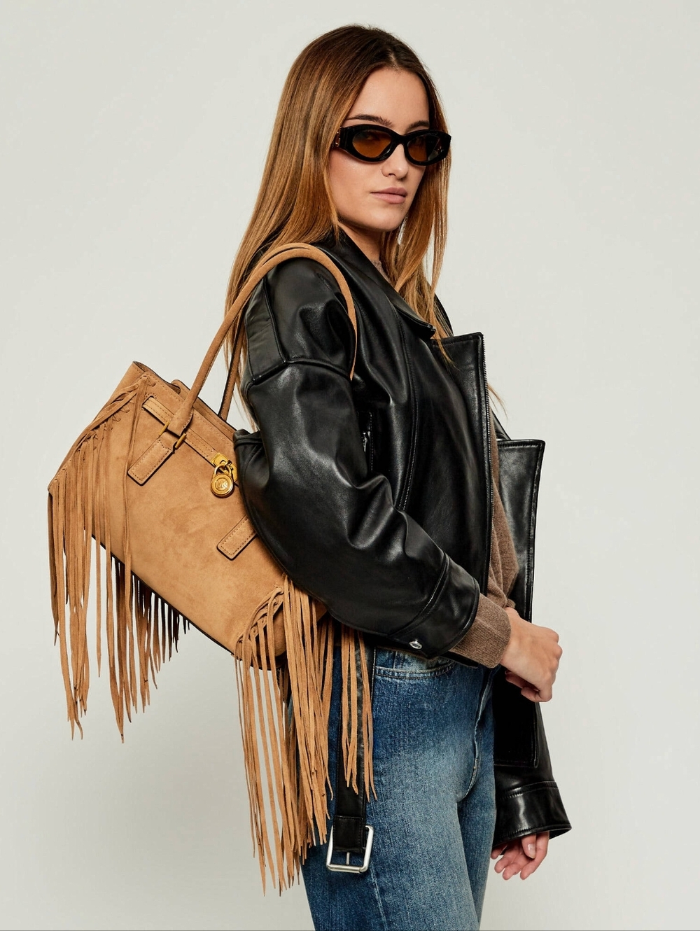 Suede Fringe Shoulder Tote in Tan